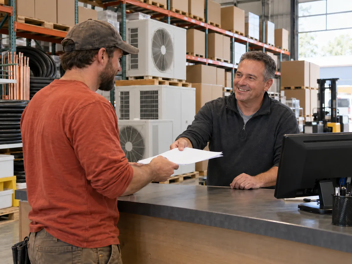Contractor picking up heat pump equipment at the HVACPRO360 sales counter