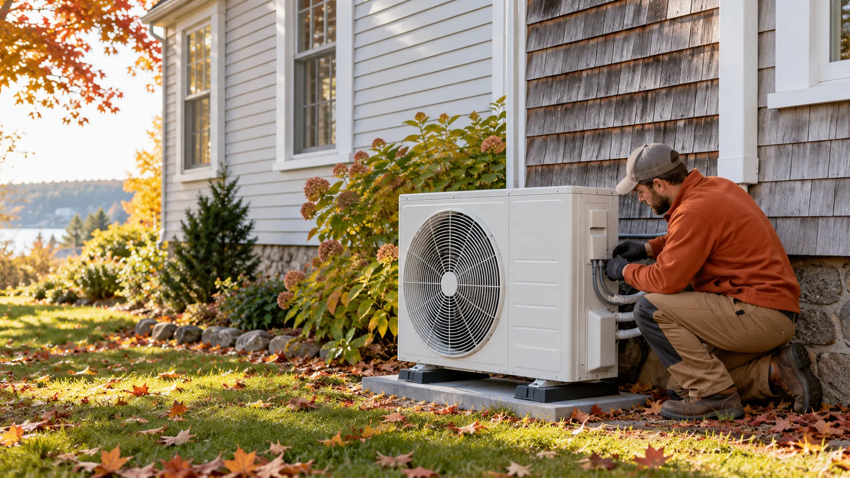 HVAC contractor beside a newly installed heat pump outdoor unit at a New England home